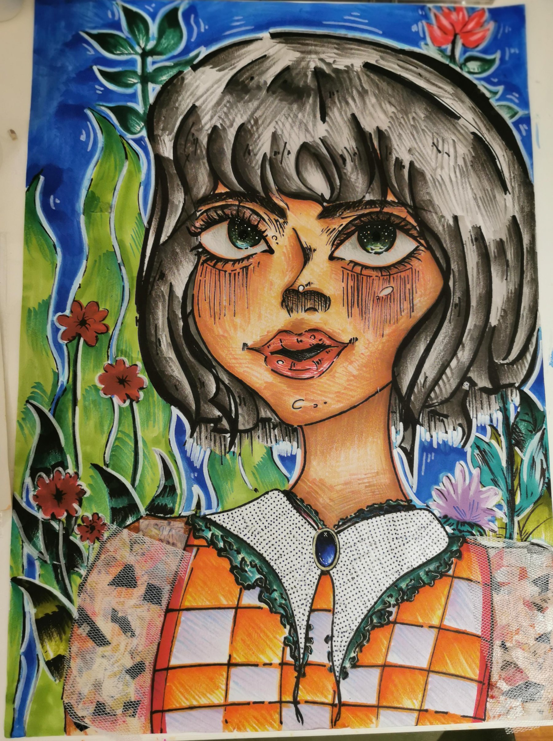 Illustrated portrait of a girl with flowers, mixed media