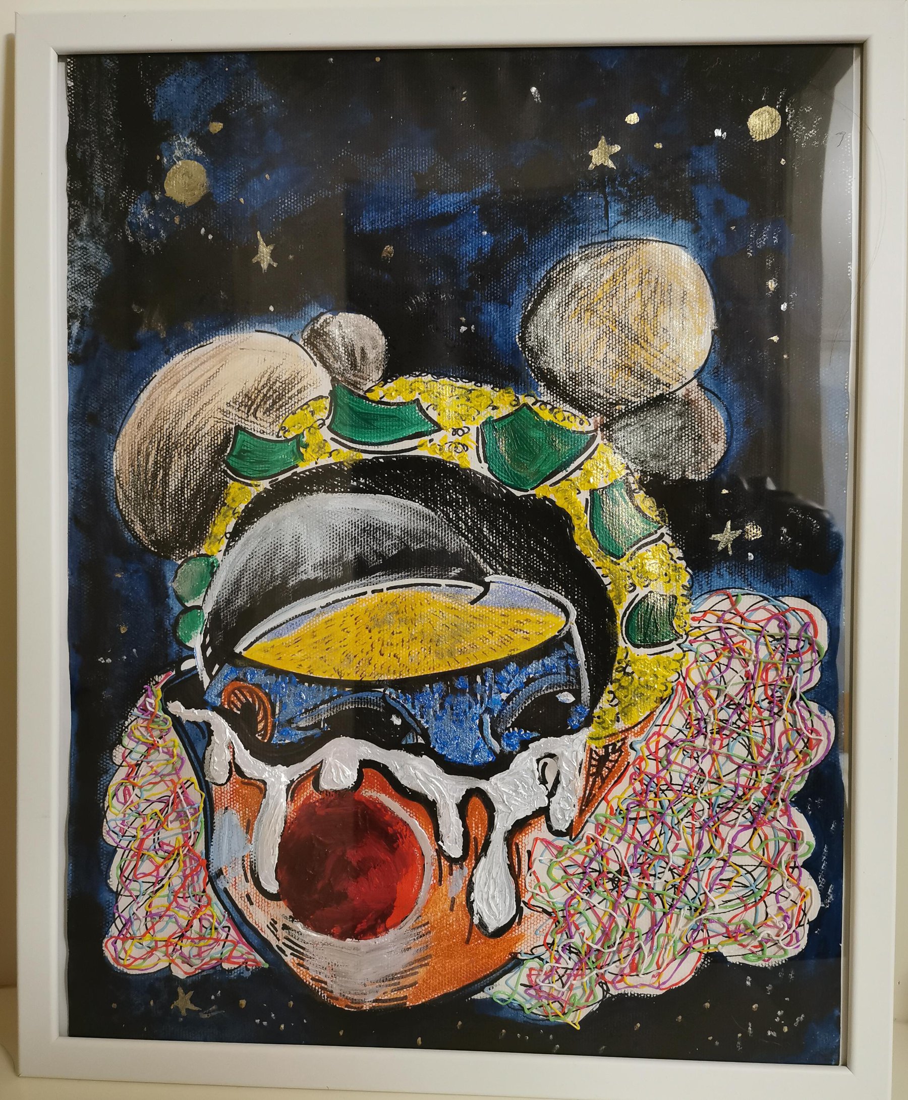 Surreal mixed media painting of a masked figure among planets