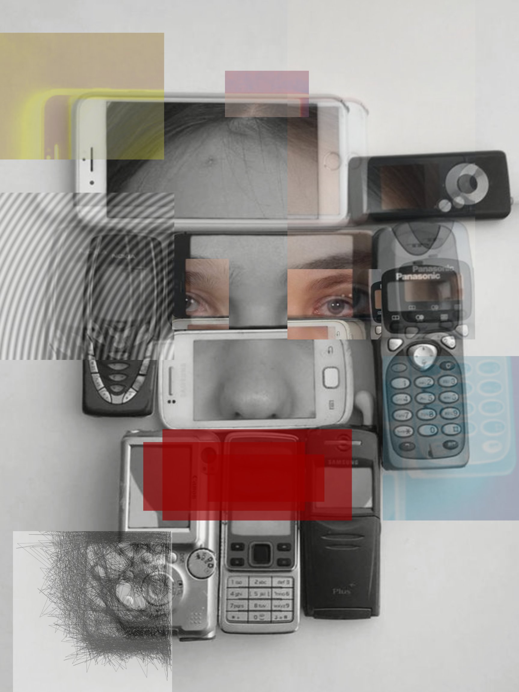 Collage design featuring a face fragmented by phone screens and red rectangles