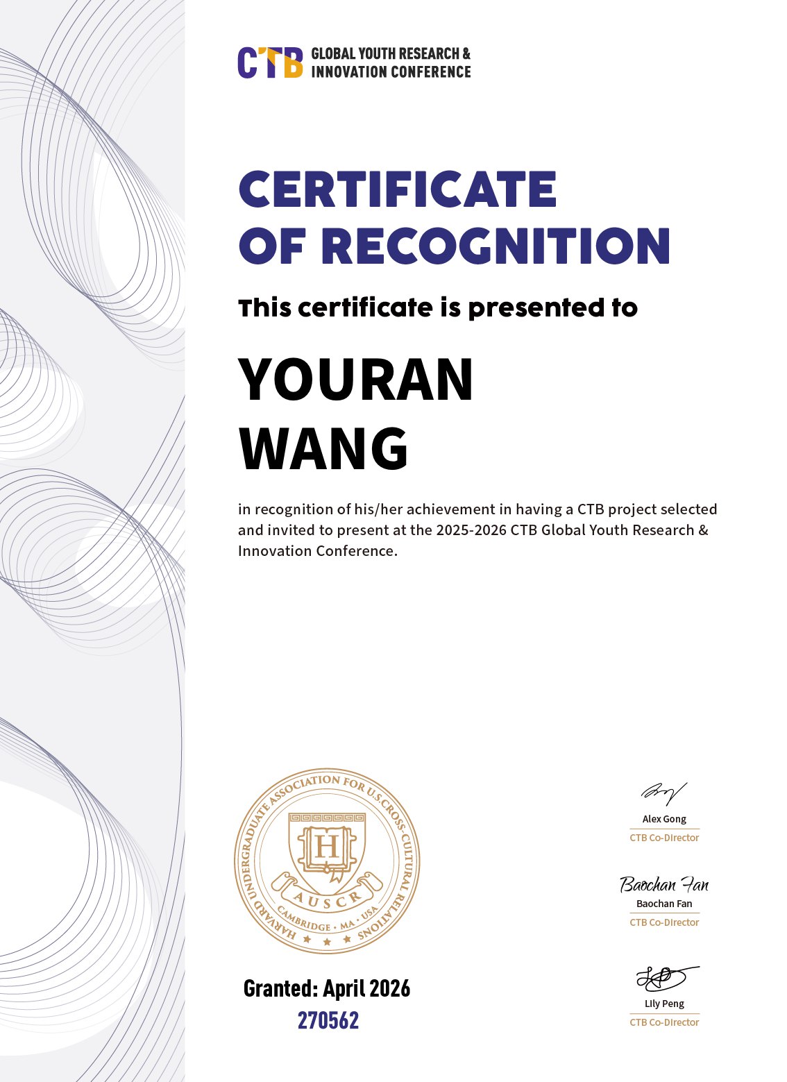 CTB Global Conference invitation certificate