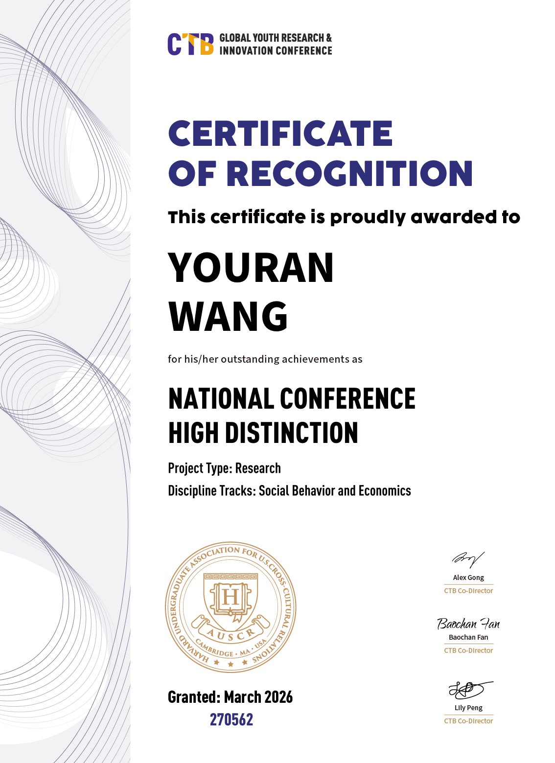 CTB National Conference High Distinction certificate