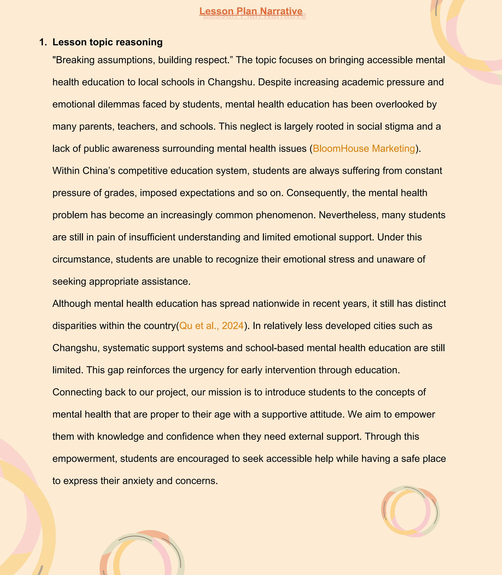 Lesson plan page on health education topic reasoning
