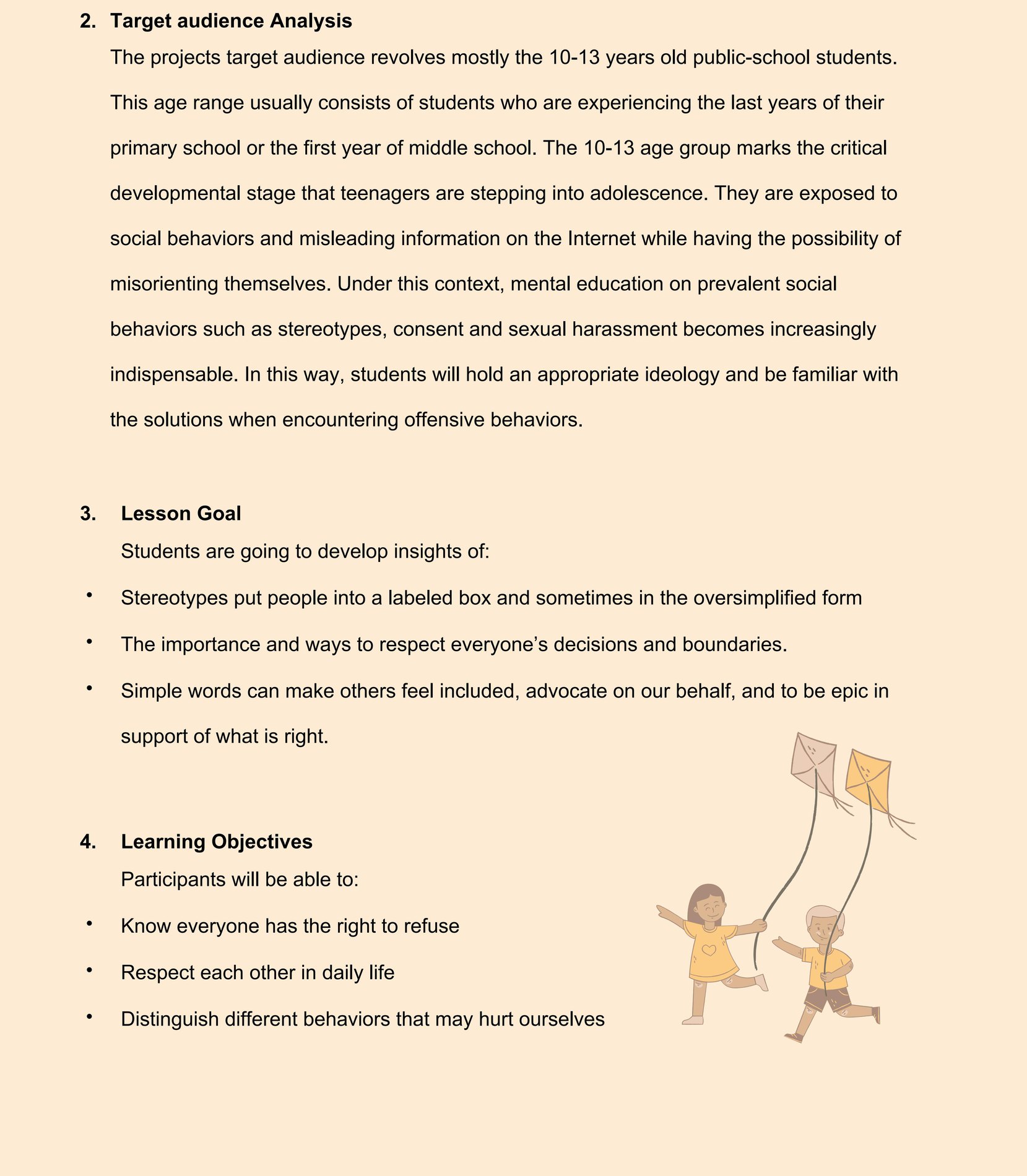 Lesson plan page analysing the target audience