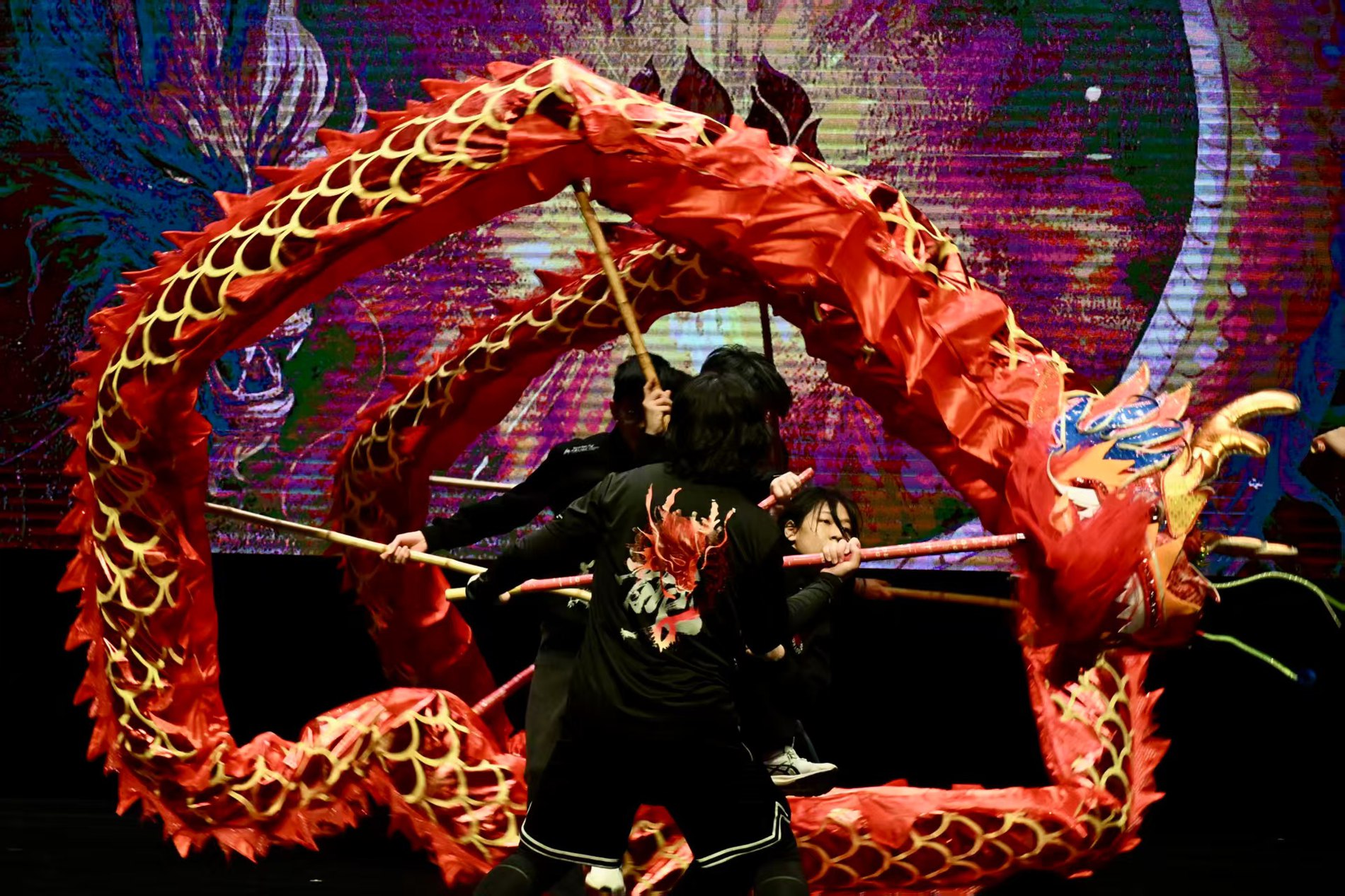 Dragon dance performance, close-up of the dragon on a lit stage